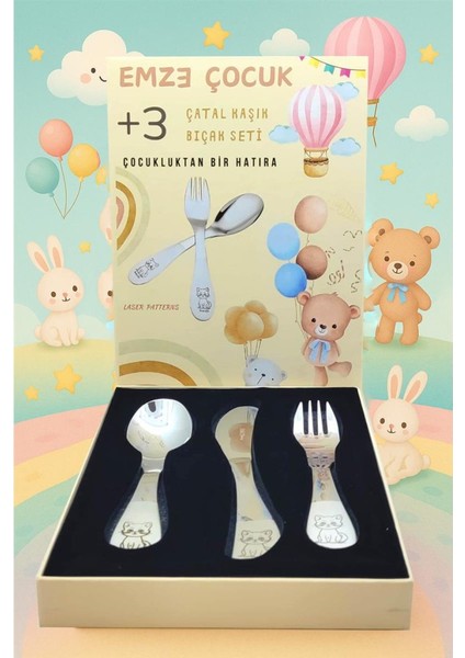 Paslanmaz Çelik Kutulu Çocuk Çatal Kaşık Bıçak Seti Kedicik Desenli fırsatları