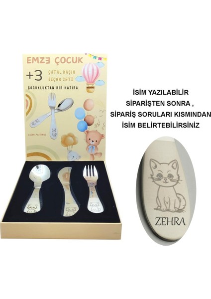 Paslanmaz Çelik Kutulu Çocuk Çatal Kaşık Bıçak Seti Kedicik Desenli indirimleri