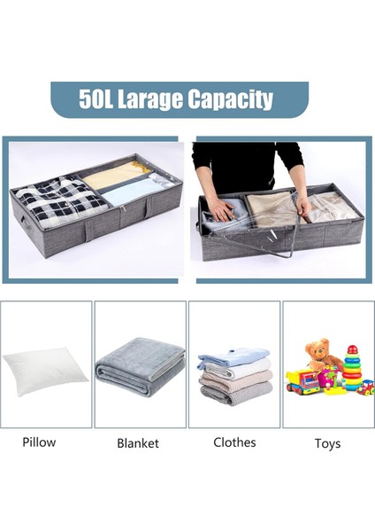 50L Kapaklı Yatak Altı Saklama Kutusu, Sağlam Yan Duvarlar/taban ve Ayarlanabilir Bölücüler ile Katlanabilir Keten Saklama Kutusu Pvc (Yurt Dışından)