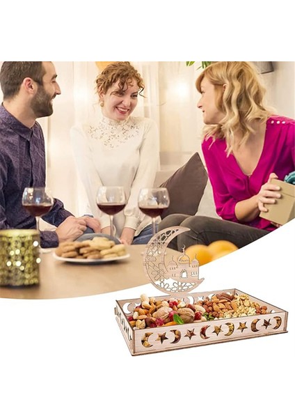 Ramazan Tabağı Bayram Tepsisi Ahşap Tepsi Masa Dekorasyonu Tatlı Atıştırmalıklar Servis Tepsisi Ay ve Yıldız Desenli (Yurt Dışından)