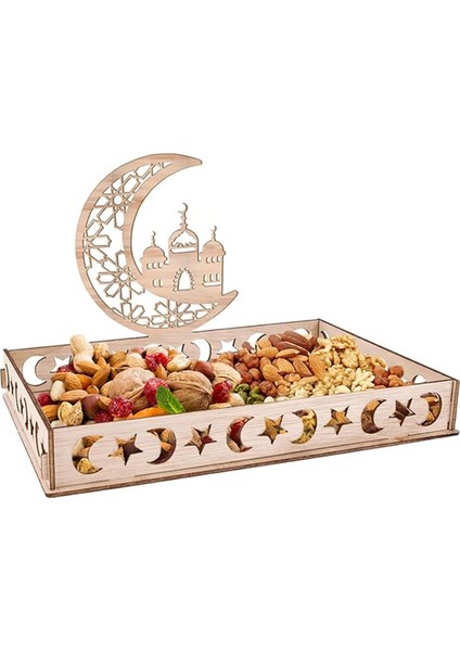 Ramazan Tabağı Bayram Tepsisi Ahşap Tepsi Masa Dekorasyonu Tatlı Atıştırmalıklar Servis Tepsisi Ay ve Yıldız Desenli (Yurt Dışından)