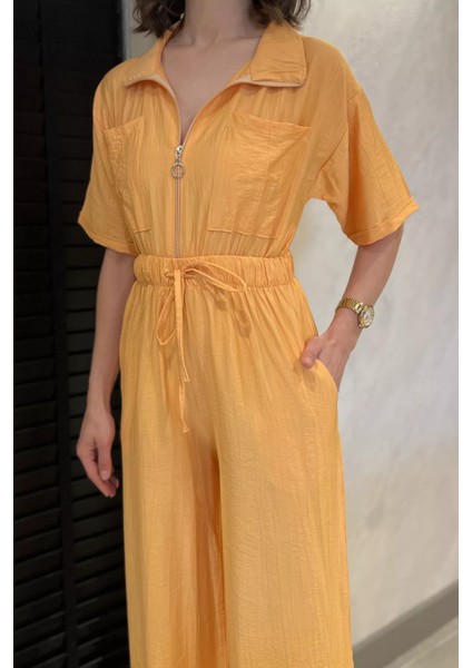 Yarım Fermuarlı Bel Lastikli Kısa Kol Tulum P-00017335