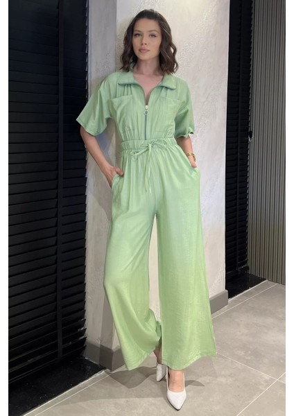 Yarım Fermuarlı Bel Lastikli Kısa Kol Tulum P-00017335