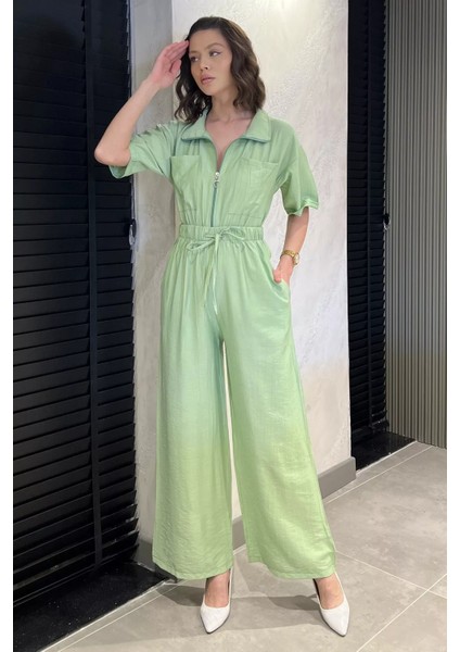 Yarım Fermuarlı Bel Lastikli Kısa Kol Tulum P-00017335