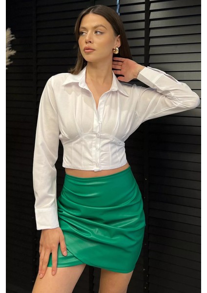 Kadın Pile Detaylı Arka Bağlamalı Crop Top Gömlek P-00017238