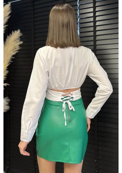 Kadın Pile Detaylı Arka Bağlamalı Crop Top Gömlek P-00017238