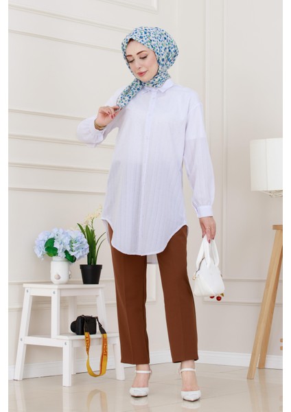 Göğüsü Taş Detaylı Oversize Tunik-Beyaz fiyatları
