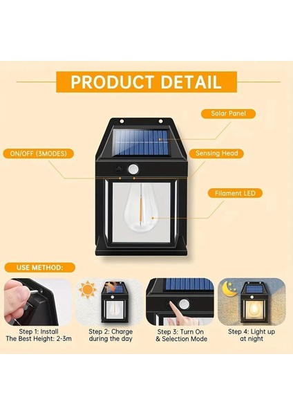 2 Adet Büyük Boy Güneş Enerjili Bahçe LED Ampul Hareket Sensörlü Bahçe LED 3 Mod'lu