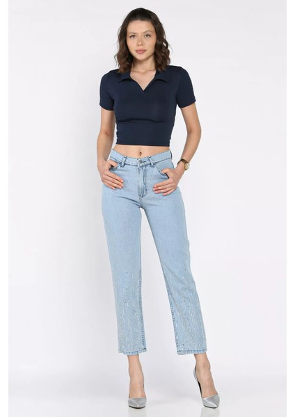 Kadın Yüksek Bel Taş Işlemeli Jean Kot Pantolon P-00017322