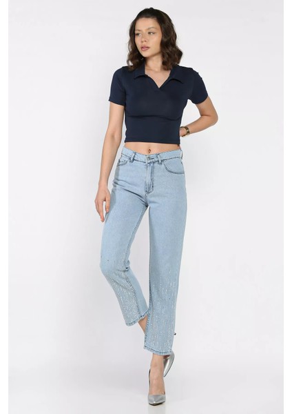 Kadın Yüksek Bel Taş Işlemeli Jean Kot Pantolon P-00017322