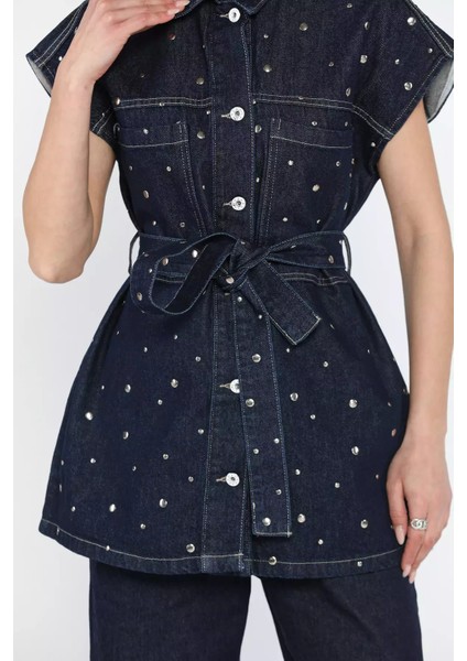 Zımba Detaylı Kuşaklı Kadın Yelek Pantolon Kadın Jean Kot Ikili Takım P-00015174 fırsatları
