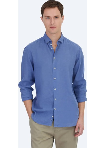 Havacı Mavi Düz Dokuma Casual Pamuk Karışımlı Gömlek