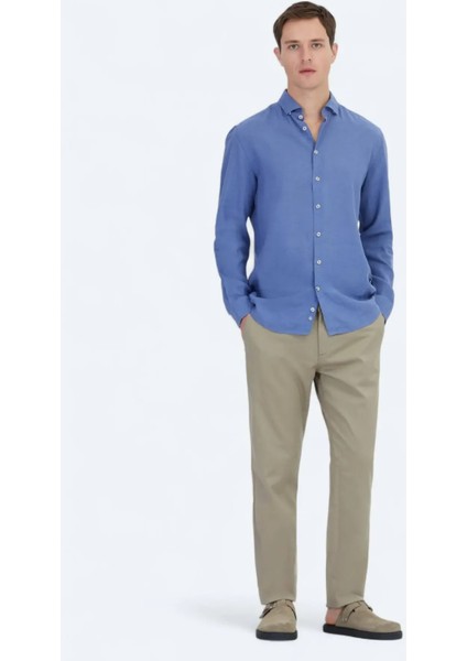 Havacı Mavi Düz Dokuma Casual Pamuk Karışımlı Gömlek fiyatları