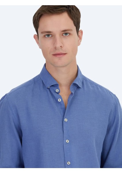 Havacı Mavi Düz Dokuma Casual Pamuk Karışımlı Gömlek modelleri