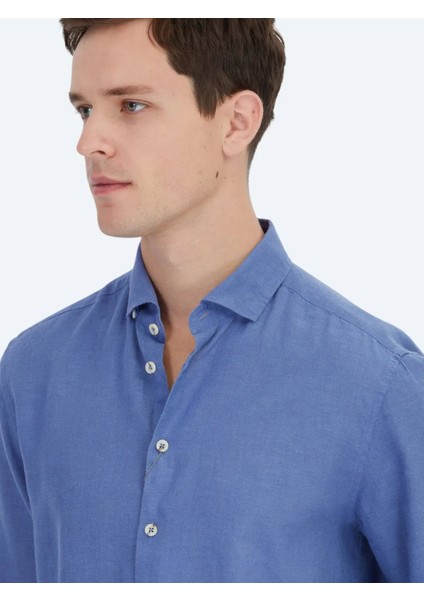 Havacı Mavi Düz Dokuma Casual Pamuk Karışımlı Gömlek indirimleri