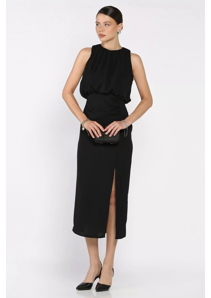 Drapeli Ön Yırtmaç Detaylı Sıfır Kol Kadın Elbise P-00017476 fiyatları