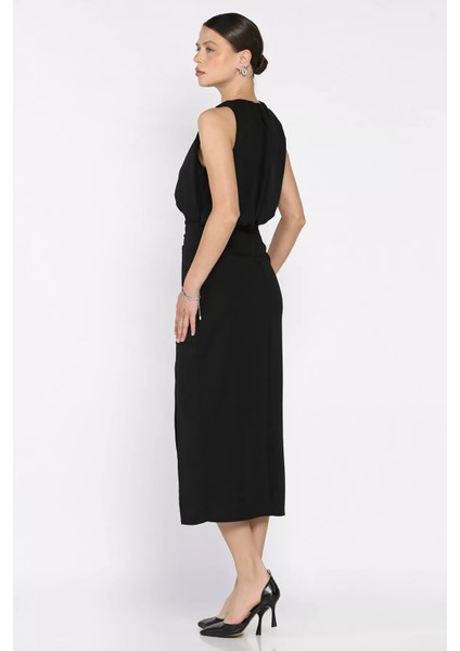 Drapeli Ön Yırtmaç Detaylı Sıfır Kol Kadın Elbise P-00017476 modelleri