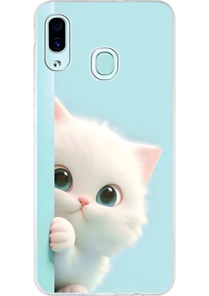 Samsung Galaxy A30 Uyumlu Şeffaf Kılıf 2 Peluş Kedi Tasarımlı