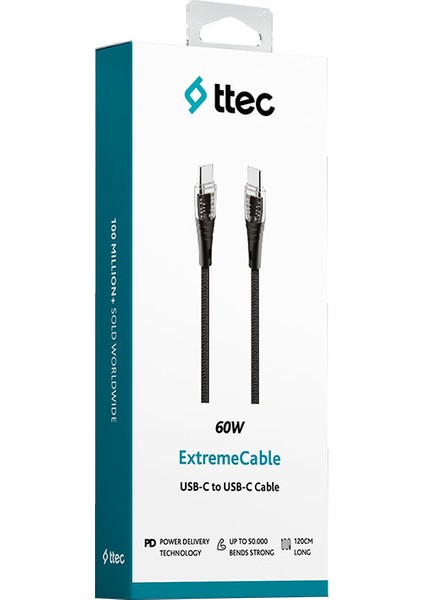 Extremecable Ekstra Dayanıklı Transparan Usb-C –usb-C 60W Pd/qc 120CM Hızlı Şarj/data Kablosu ,