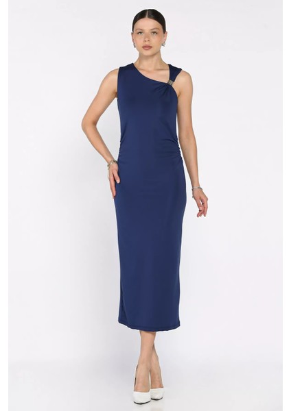 Kadın Bel Büzgülü Omuz Aksesuar Detaylı Likralı Elbise P-00017497