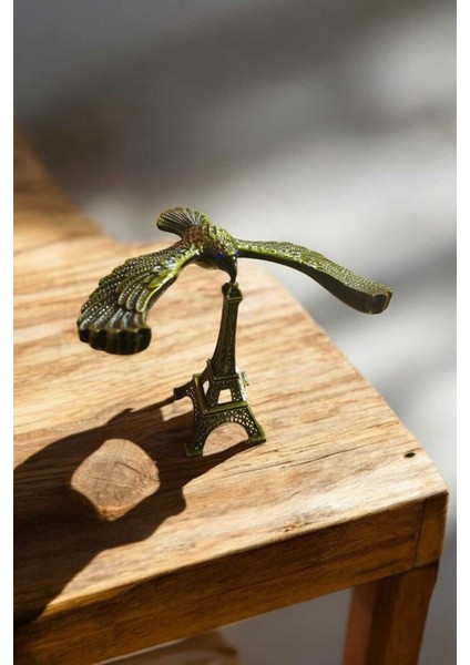 Modern Metal Kule ve Denge Kuşu Dekoru, Şık Ev Aksesuarı, Haki Renk, 9X13 cm
