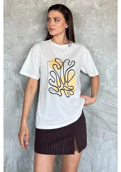 Kadın Taşlı Baskılı Bisiklet Yaka Tişört P-00017447