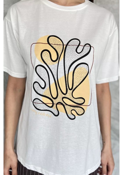 Kadın Taşlı Baskılı Bisiklet Yaka Tişört P-00017447 fırsatları