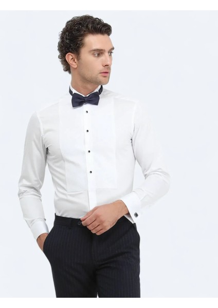 Beyaz Düz Slim Fit Duble Manşet Ata Yaka Smokin Gömlek