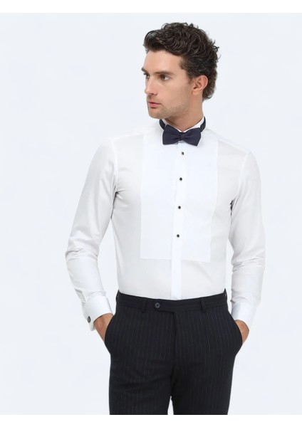 Beyaz Düz Slim Fit Duble Manşet Ata Yaka Smokin Gömlek fiyatları