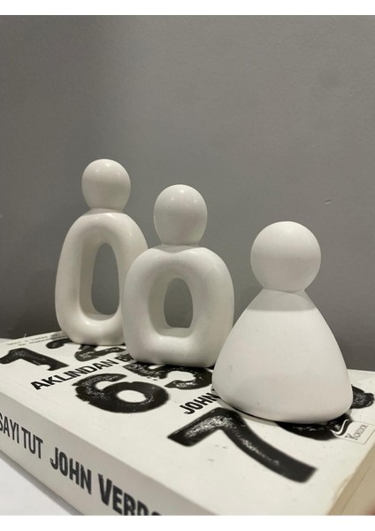 Modern 3 Kişilik Beton Aile Figürü, Şık Ev Dekoru Objesi, Beyaz, M&d Design