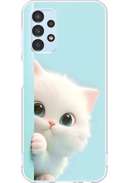 Samsung Galaxy A13 Uyumlu Şeffaf Kılıf 2 Peluş Kedi Tasarımlı