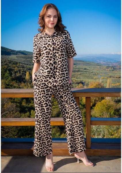 Kadın Leopar Desenlı Pantolon Takım