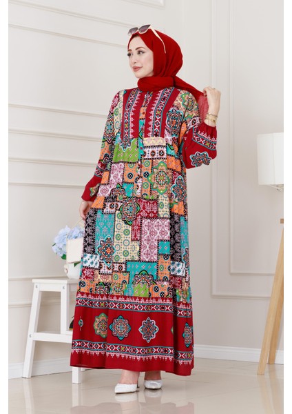 Yarım Düğmeli Robalı Yama Desen Elbise-Bordo