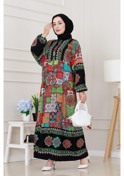 Yarım Düğmeli Robalı Yama Desen Elbise-Siyah