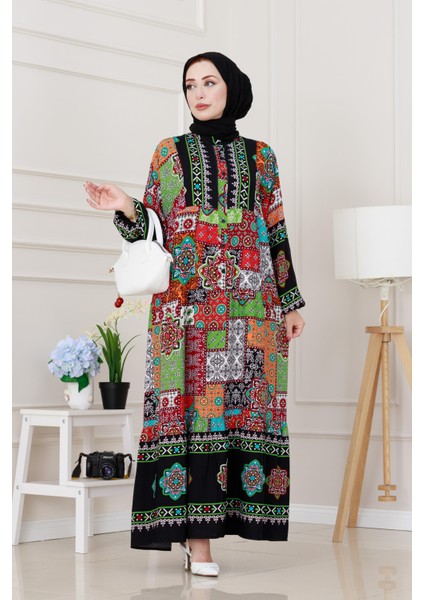 Yarım Düğmeli Robalı Yama Desen Elbise-Siyah fiyatları