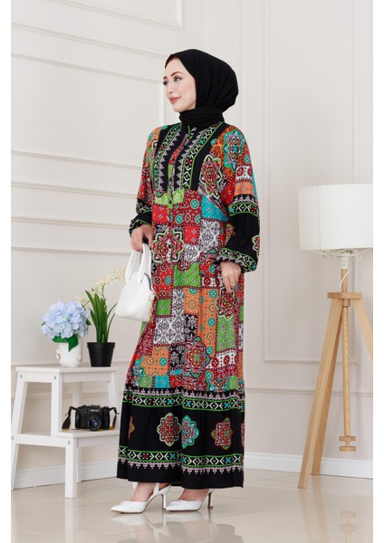 Yarım Düğmeli Robalı Yama Desen Elbise-Siyah modelleri