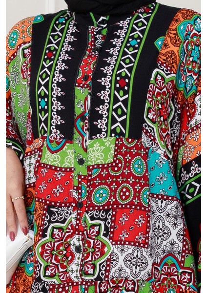 Yarım Düğmeli Robalı Yama Desen Elbise-Siyah fırsatları