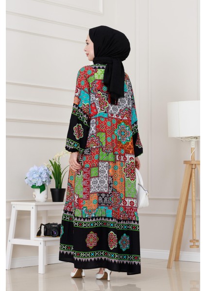 Yarım Düğmeli Robalı Yama Desen Elbise-Siyah indirimleri