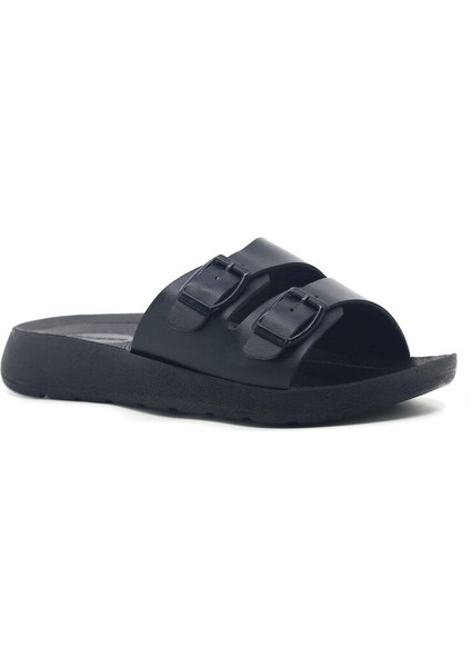 Yumuşak Kaydırmaz Taban Çift Toka Günlük Kadın Terlik Siyah TARZ16131