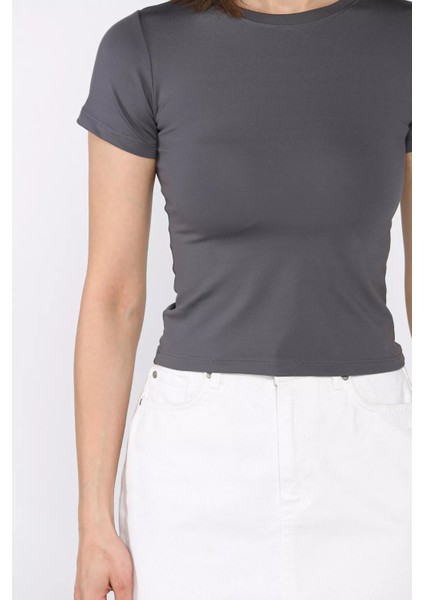 Kadın Bisiklet Yaka Likralı Modal Kumaş Crop Top Bluz P-00016175