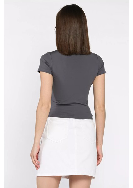 Kadın Bisiklet Yaka Likralı Modal Kumaş Crop Top Bluz P-00016175