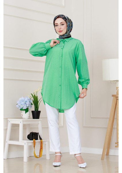 Göğüsü Taş Detaylı Oversize Tunik-Su Yeşili