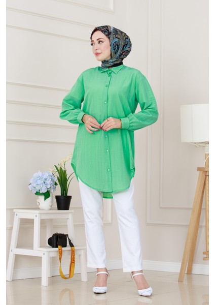 Göğüsü Taş Detaylı Oversize Tunik-Su Yeşili modelleri