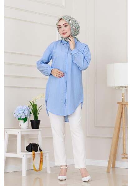 Göğüsü Taş Detaylı Oversize Tunik-Bebe Mavi