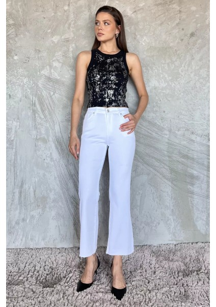 Kesik Paça Yüksek Bel Kadın Jean Kot Pantolon P-00015016