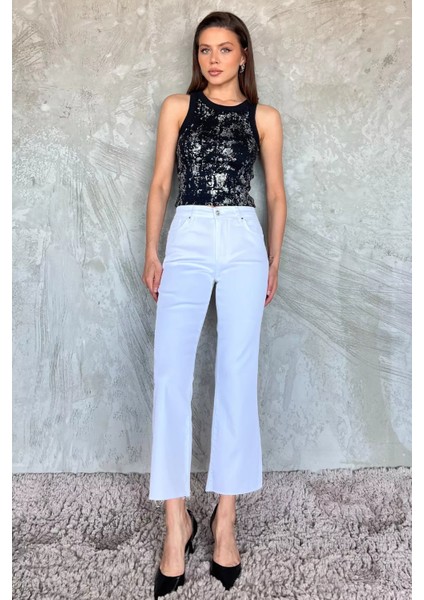 Kesik Paça Yüksek Bel Kadın Jean Kot Pantolon P-00015016 fiyatları