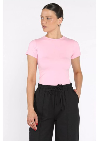 Kadın Bisiklet Yaka Likralı Modal Kumaş Crop Top Bluz P-00016175