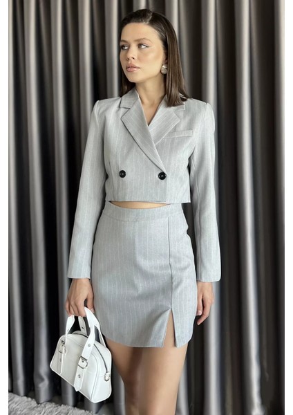 Çizgili Crop Top Ceket Şort Etek Ikili Takım P-00017454