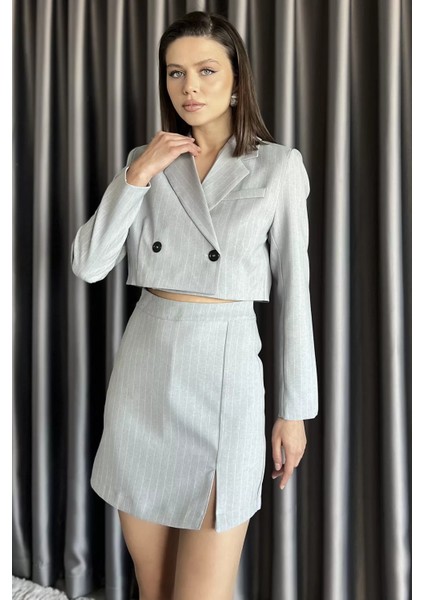 Çizgili Crop Top Ceket Şort Etek Ikili Takım P-00017454