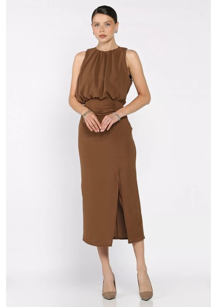 Drapeli Ön Yırtmaç Detaylı Sıfır Kol Kadın Elbise P-00017476 fiyatları